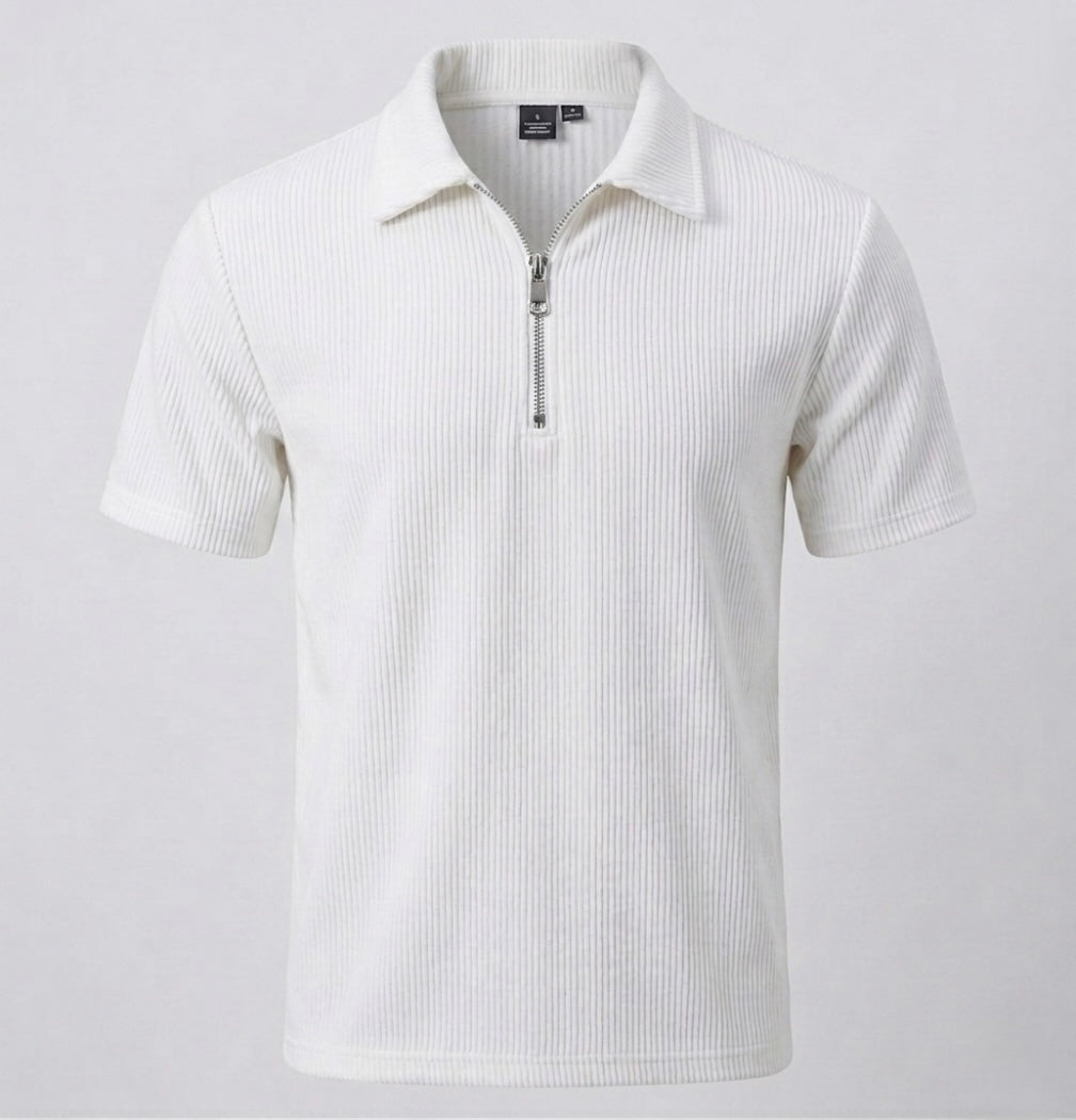 Men's white  corduroy Quarter-Zip Polo Shirt