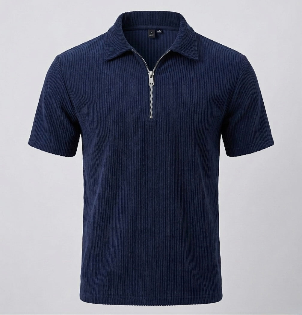 Men's Navy Blue Corduroy Quarter-Zip Polo Shirt