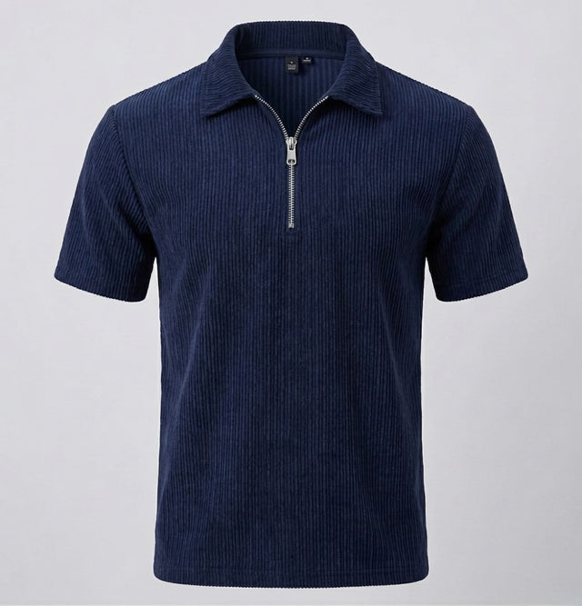 Men's Navy Blue Corduroy Quarter-Zip Polo Shirt